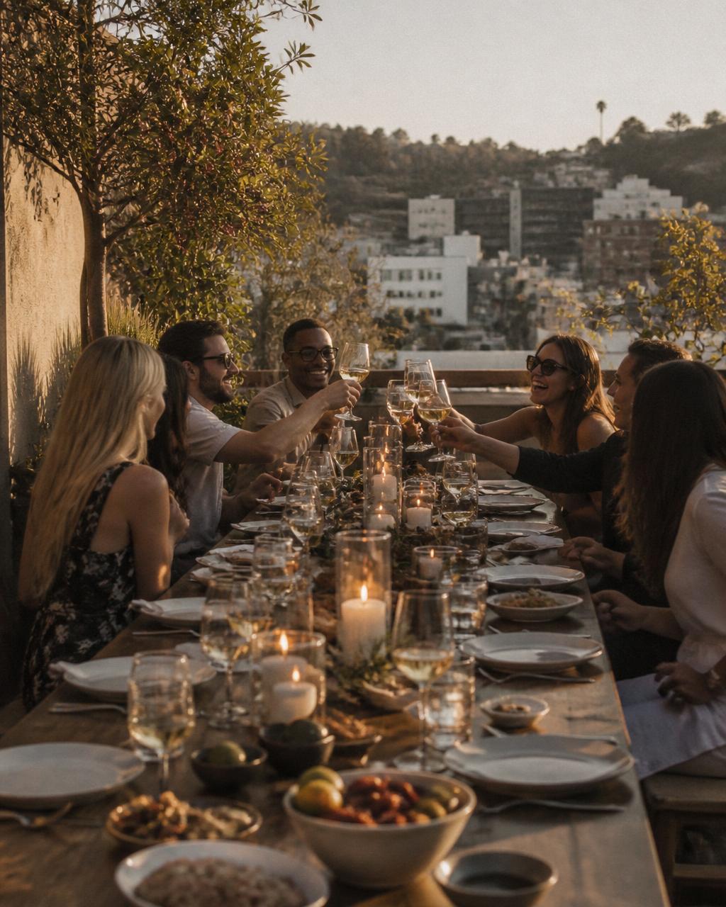 Long-table rooftop dinner at golden hour